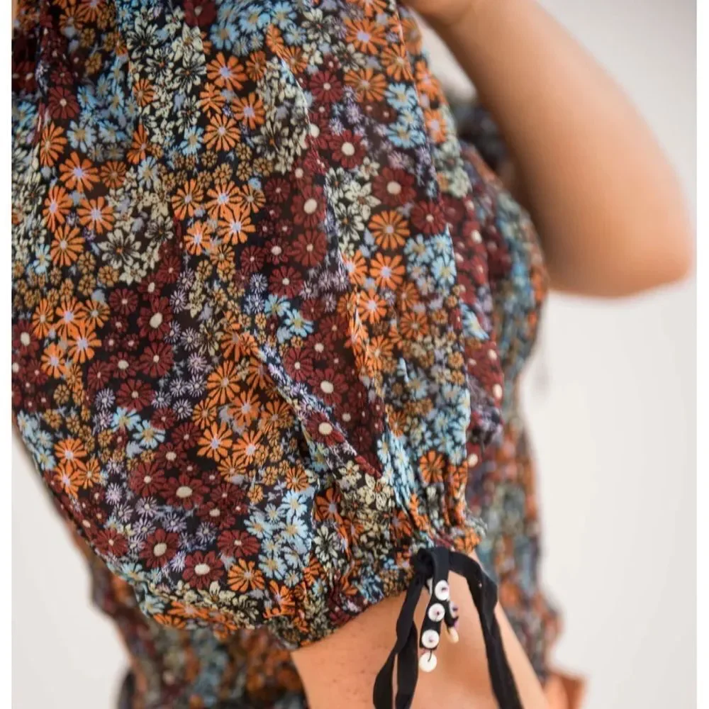 NWT Free People Back on Top Floral Square Neck Puff Sleeve Earthy Cropped S